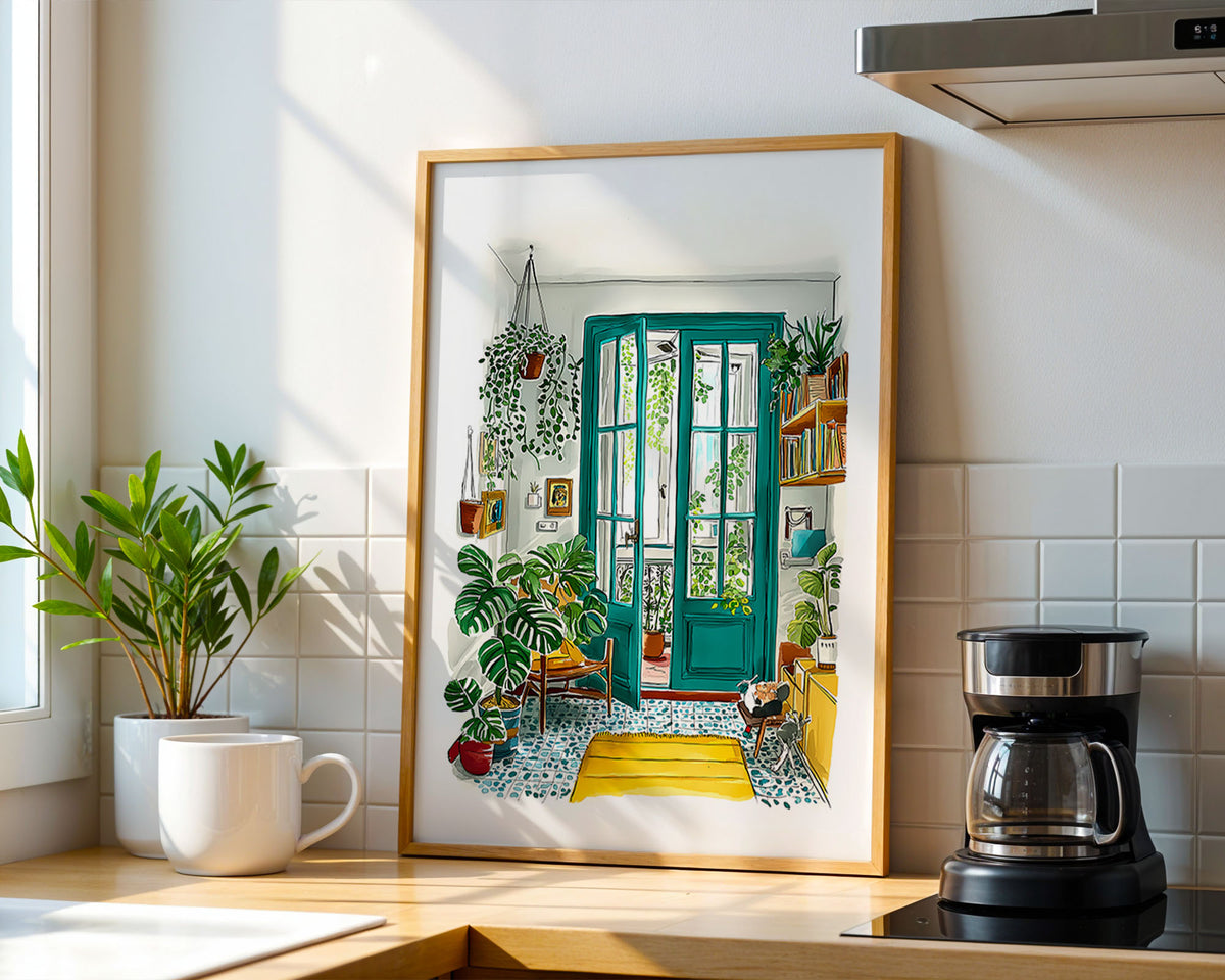 Cozy Greenhouse Print art print framed on a wall