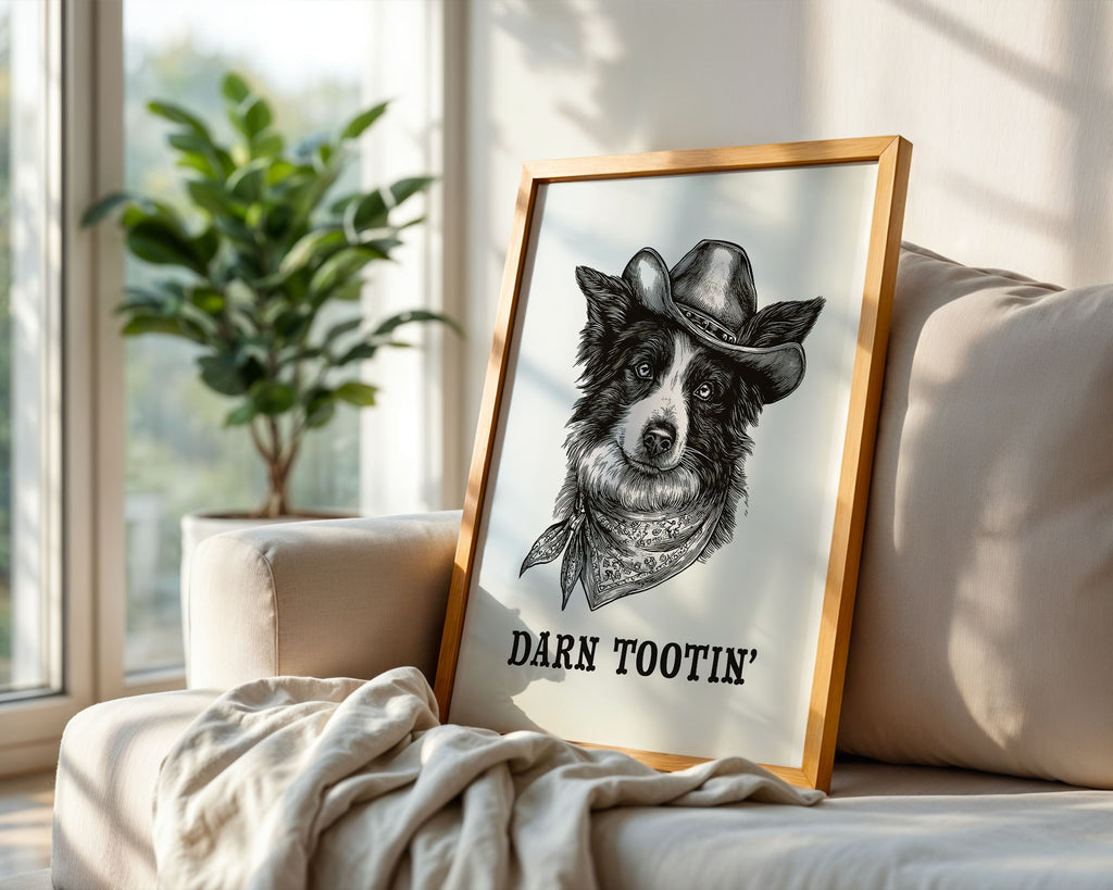 Cowboy Dog Print displayed in a farmhouse or rustic room setting