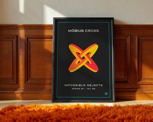 Mobius cross impossible object geometric art print framed on a wall
