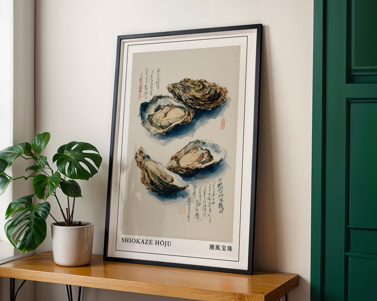 Sumi-e Oyster Print framed and leaning against a wall