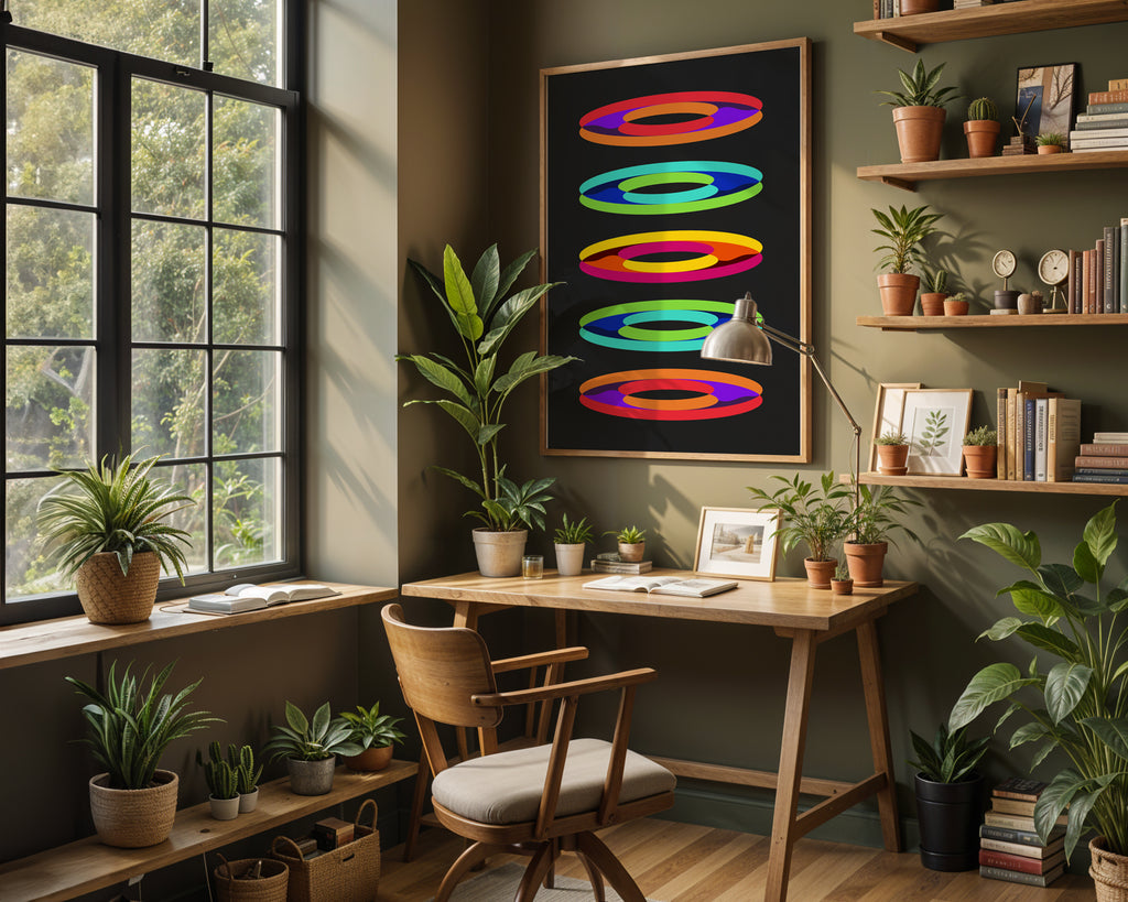Retro Geometric Rings Print art print framed on a wall