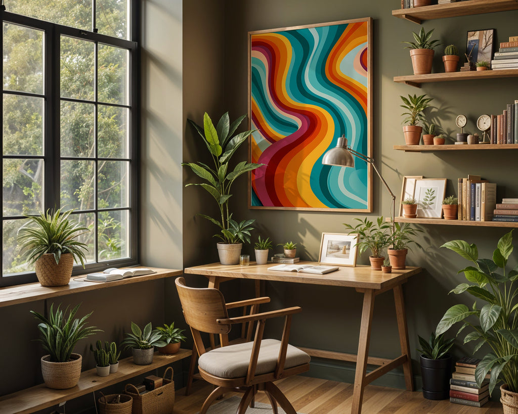 Groovy Retro Swirl Print — Digital Download mockup in a furnished room