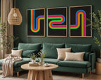 Retro Rainbow triptych panels shown at an angle to display detail