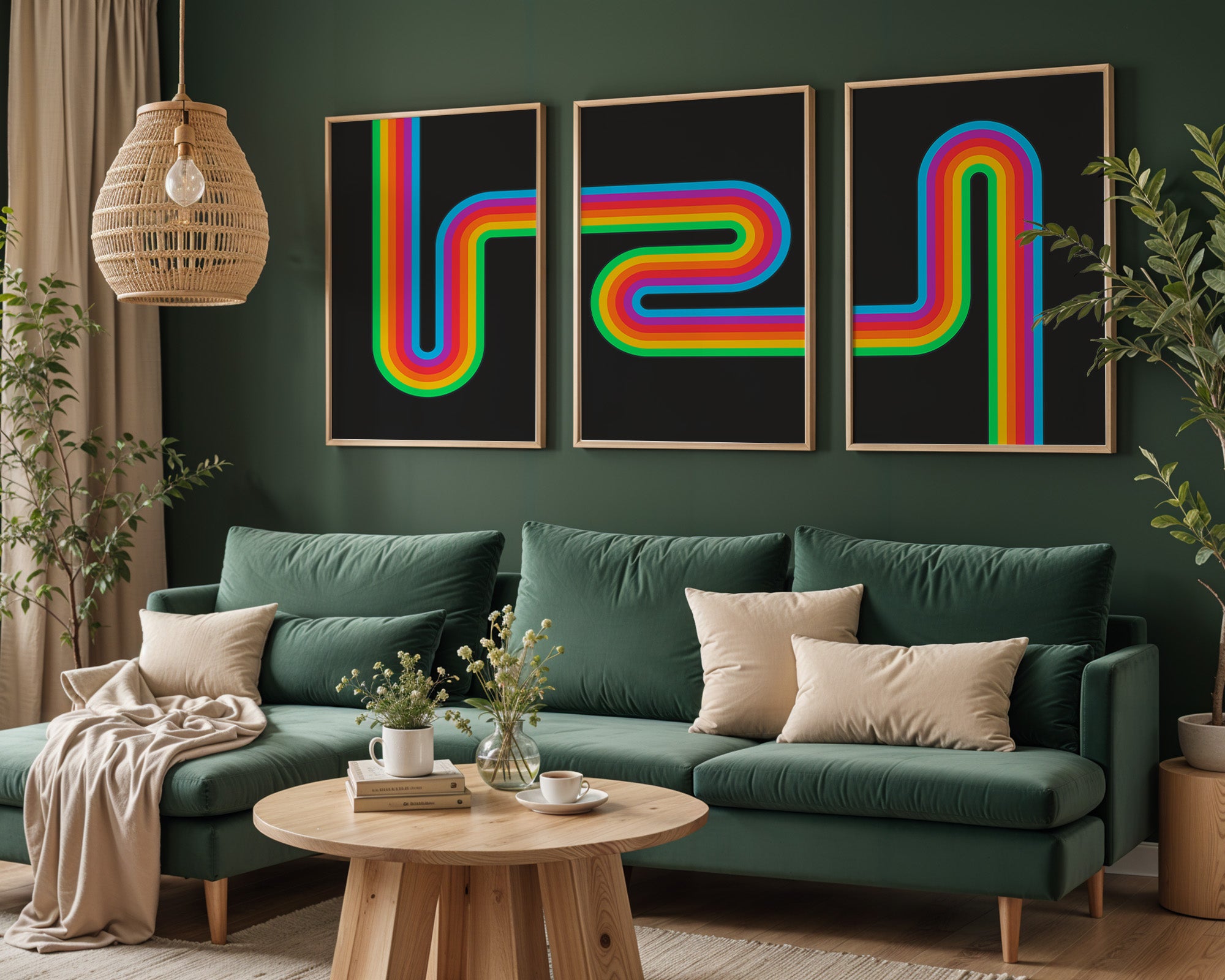 Retro Rainbow triptych panels shown at an angle to display detail