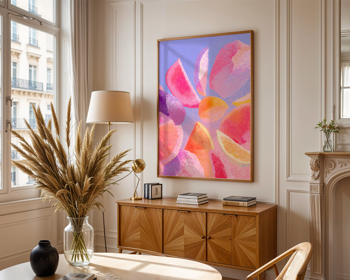 Citrus Abstract Print print shown at an angle to display the matte paper finish