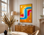 Neon retro-futuristic geometric abstract art print framed on a wall