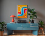 Neon abstract wall art above a blue console with plants