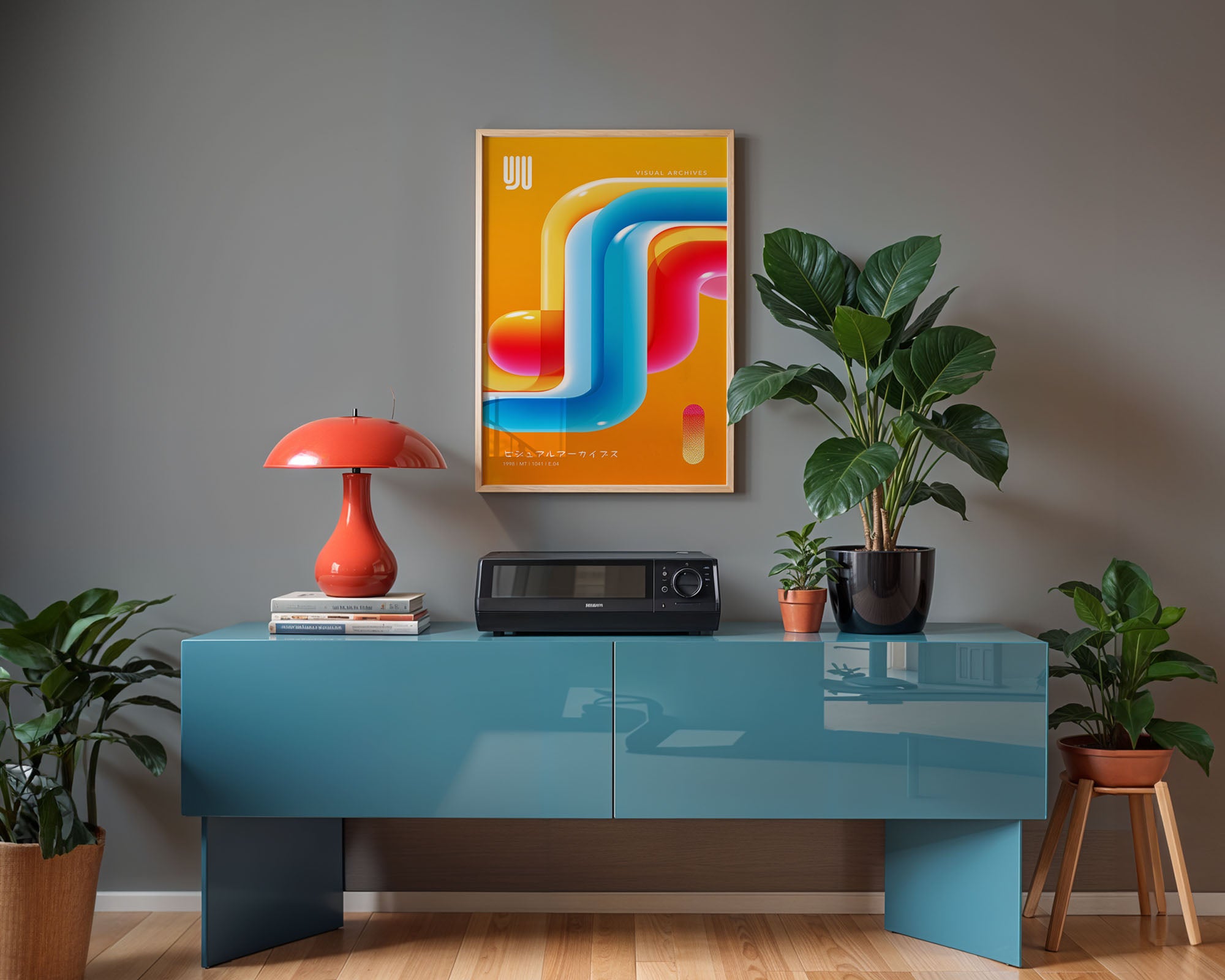 Neon Abstract Print: Retro-Futuristic Geometric Wall Art