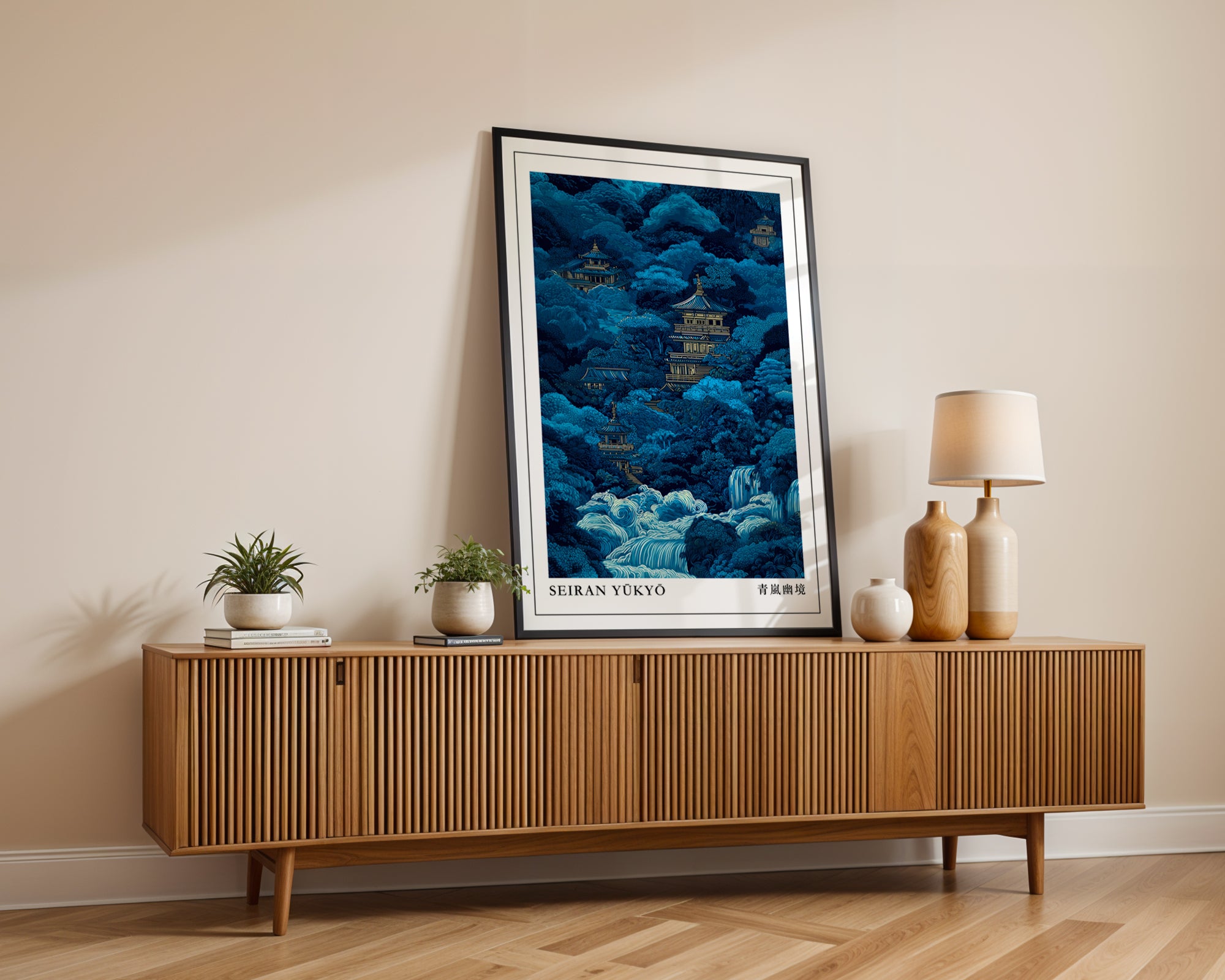 Japanese Temple Print print displayed in a styled room setting