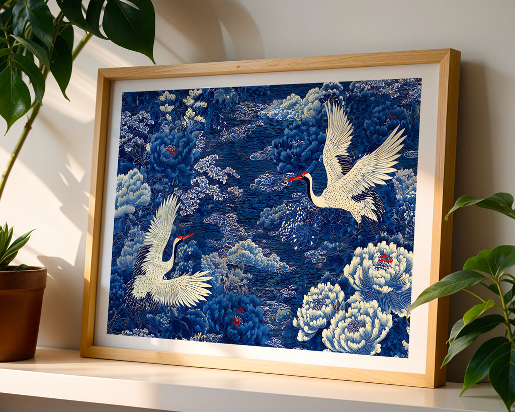 Blue Crane Print styled on a console, digital download mockup