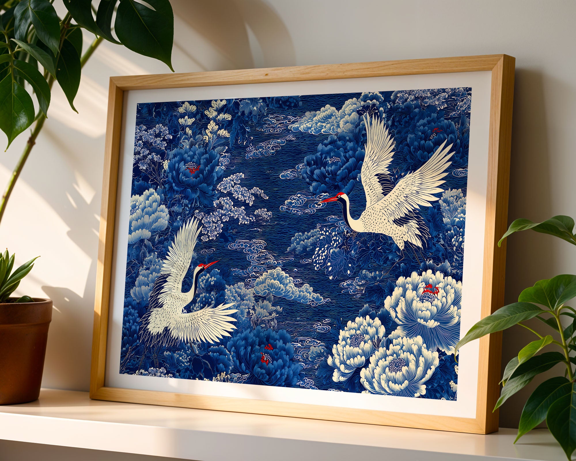 Blue Crane Print styled on a console, digital download mockup