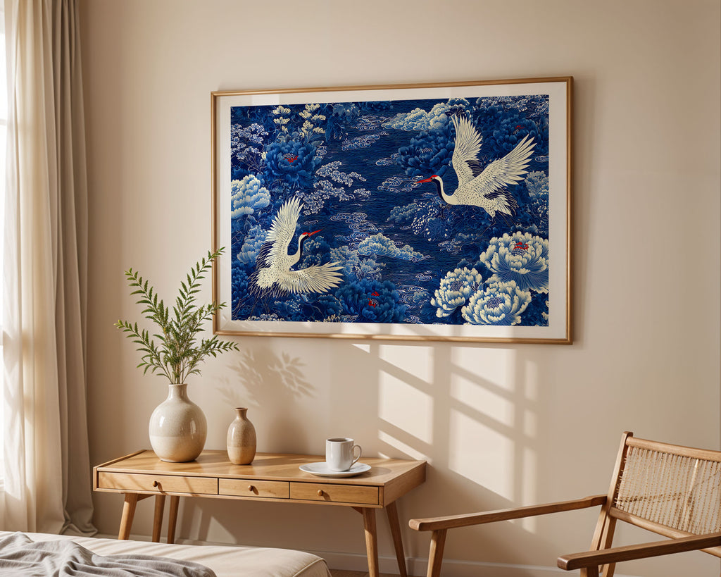 Blue Crane Print shown at an angle to display detail