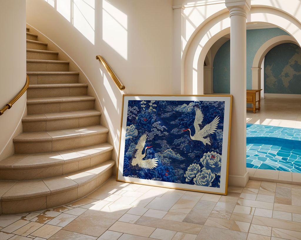 Blue Crane Print in a black frame, printable digital download