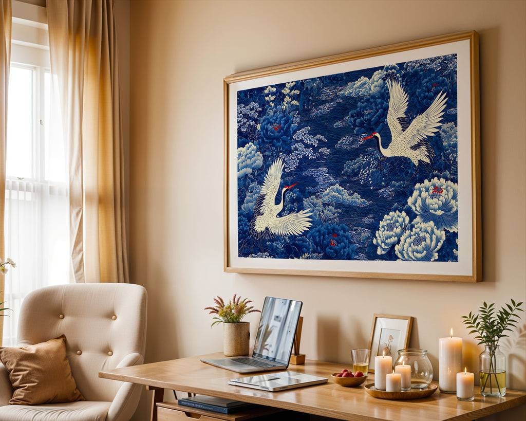 Blue Crane Print framed and leaning against a wall
