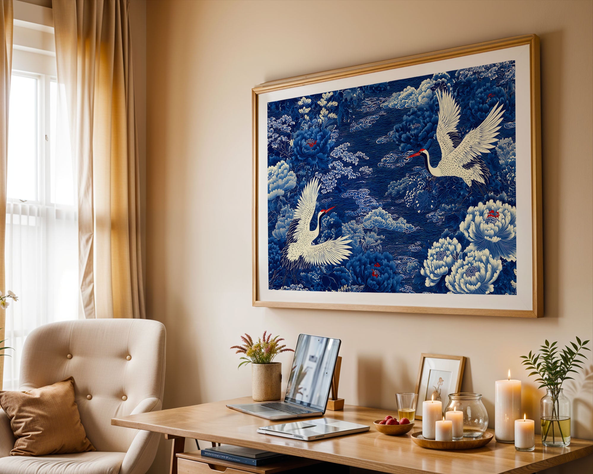 Blue Crane Print framed and leaning against a wall
