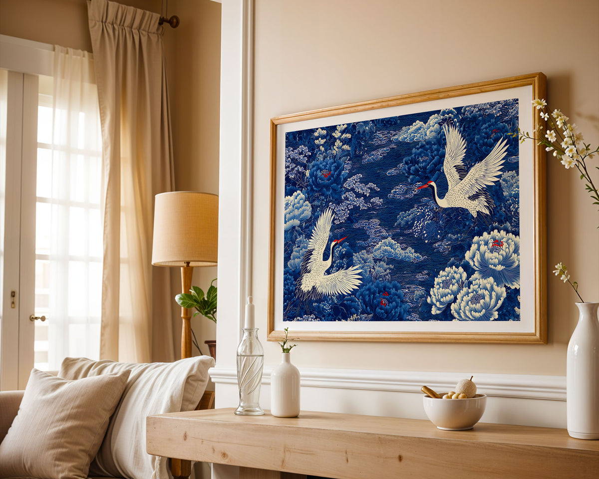 Blue Crane Print displayed in an elegant living room setting