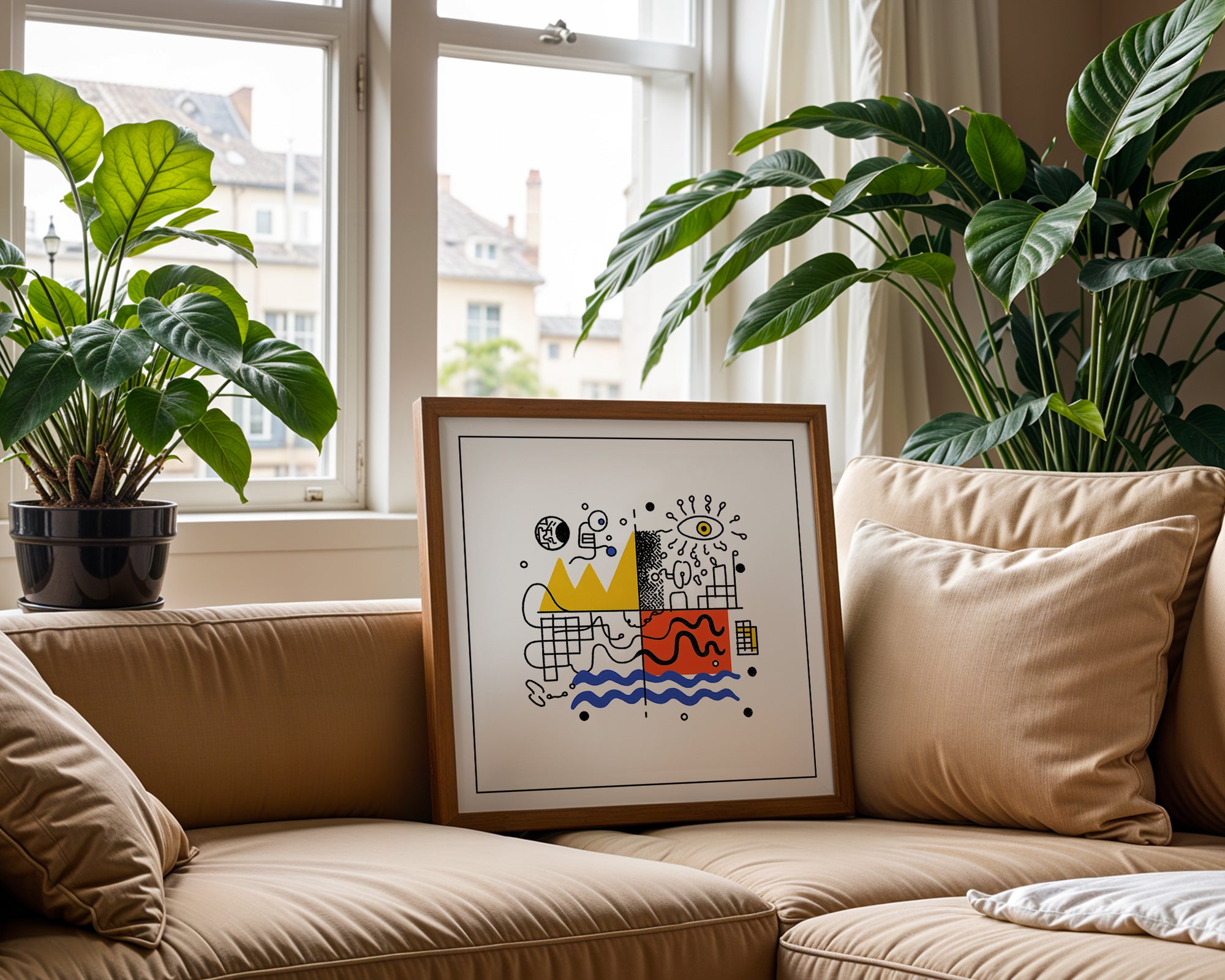 Mid-Century Geometric Square Print displayed above furniture