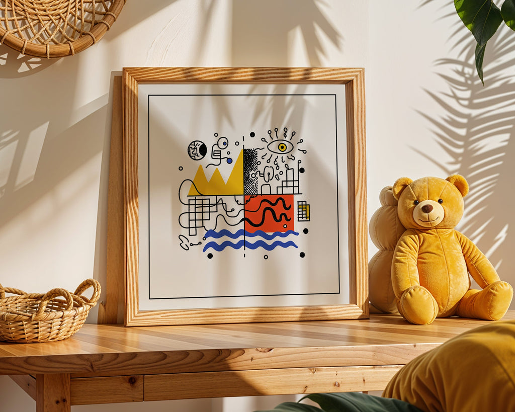 Mid-Century Geometric Square Print framed and leaning against a wall