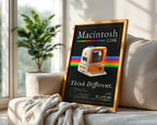 Retro Macintosh 128K print styled on a sofa