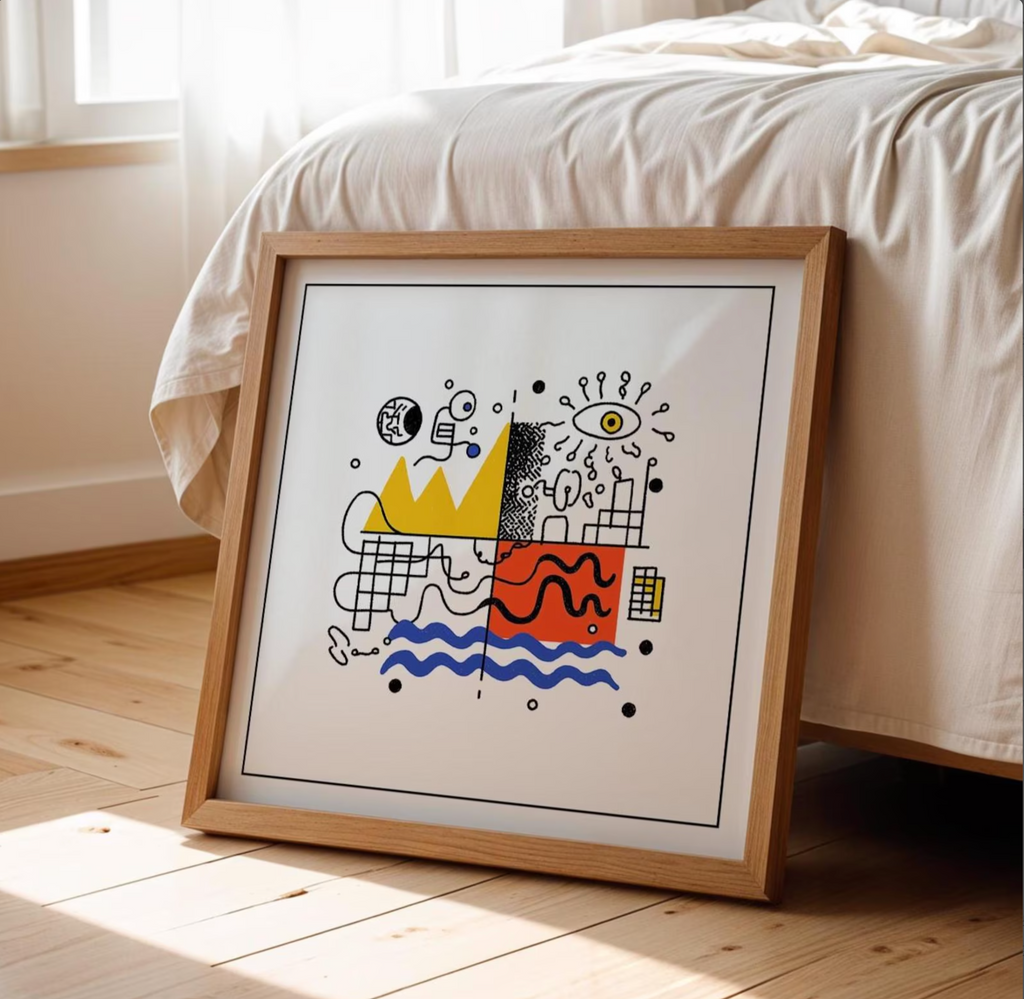 Mid century modern abstract geometric square art print framed on a wall