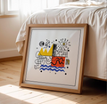 Mid century modern abstract geometric square art print framed on a wall