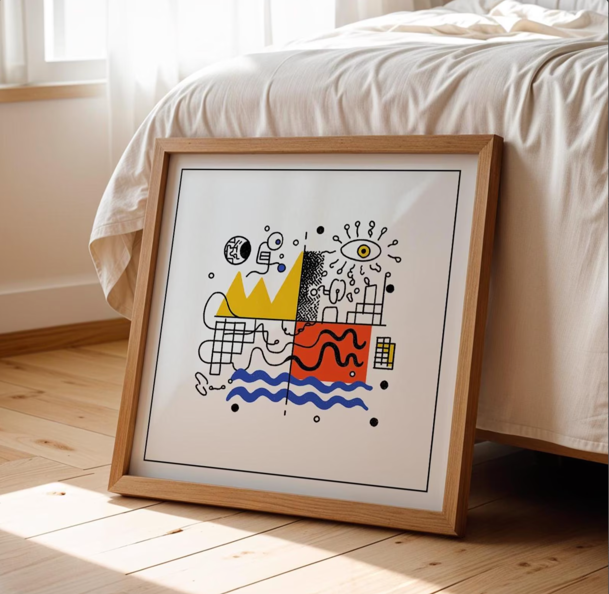 Mid century modern abstract geometric square art print framed on a wall