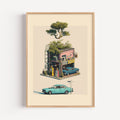 Retro Japanese gas station vintage art print framed on a wall