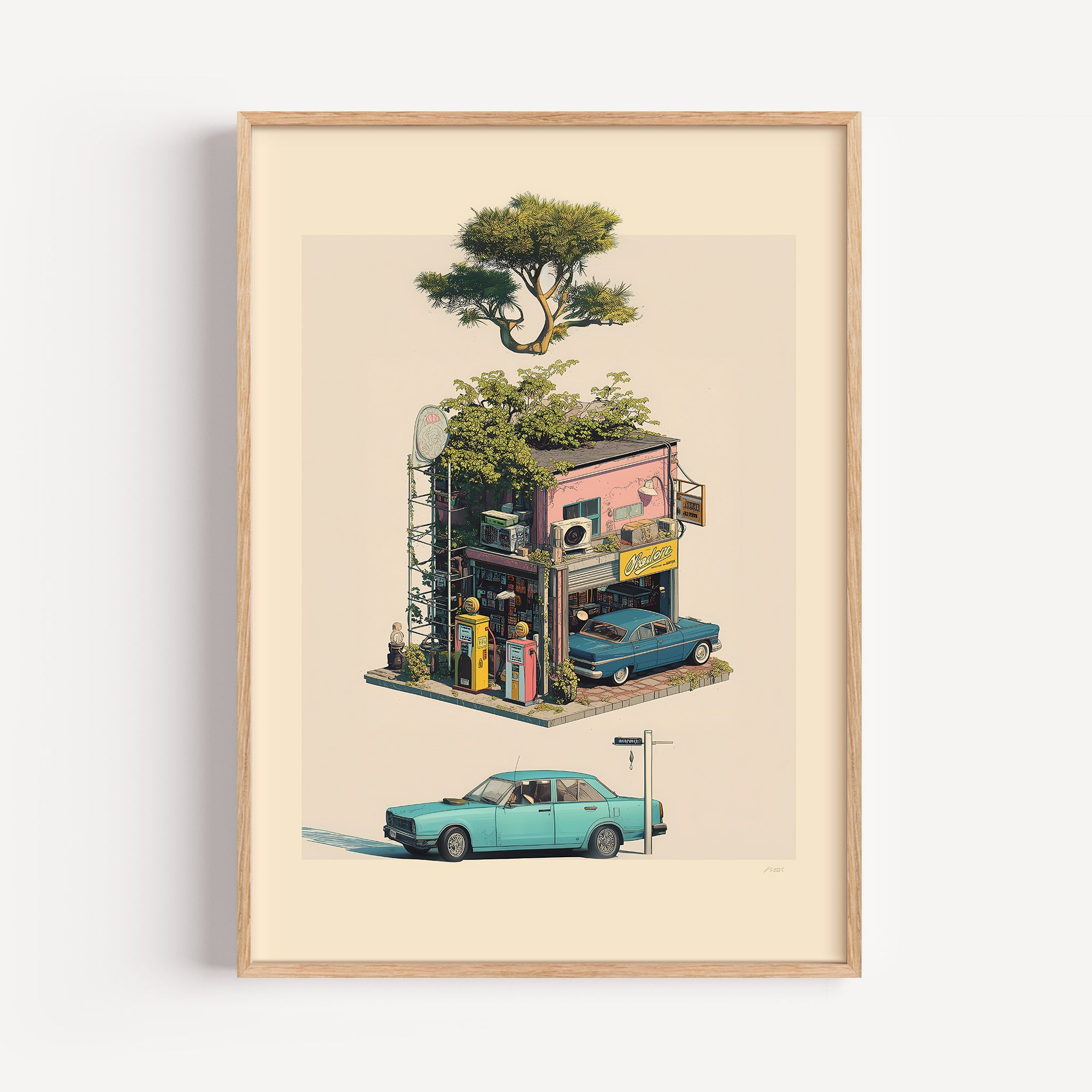 Retro Japanese gas station vintage art print framed on a wall