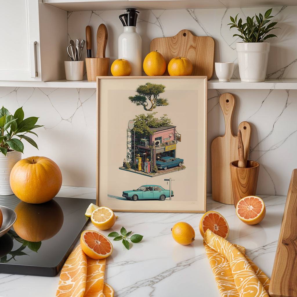 Retro Gas Station Print: Japanese Vintage Wall Art