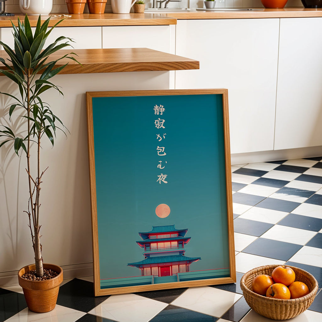 Japanese Zen Pagoda Print — Digital Download mockup in a furnished room