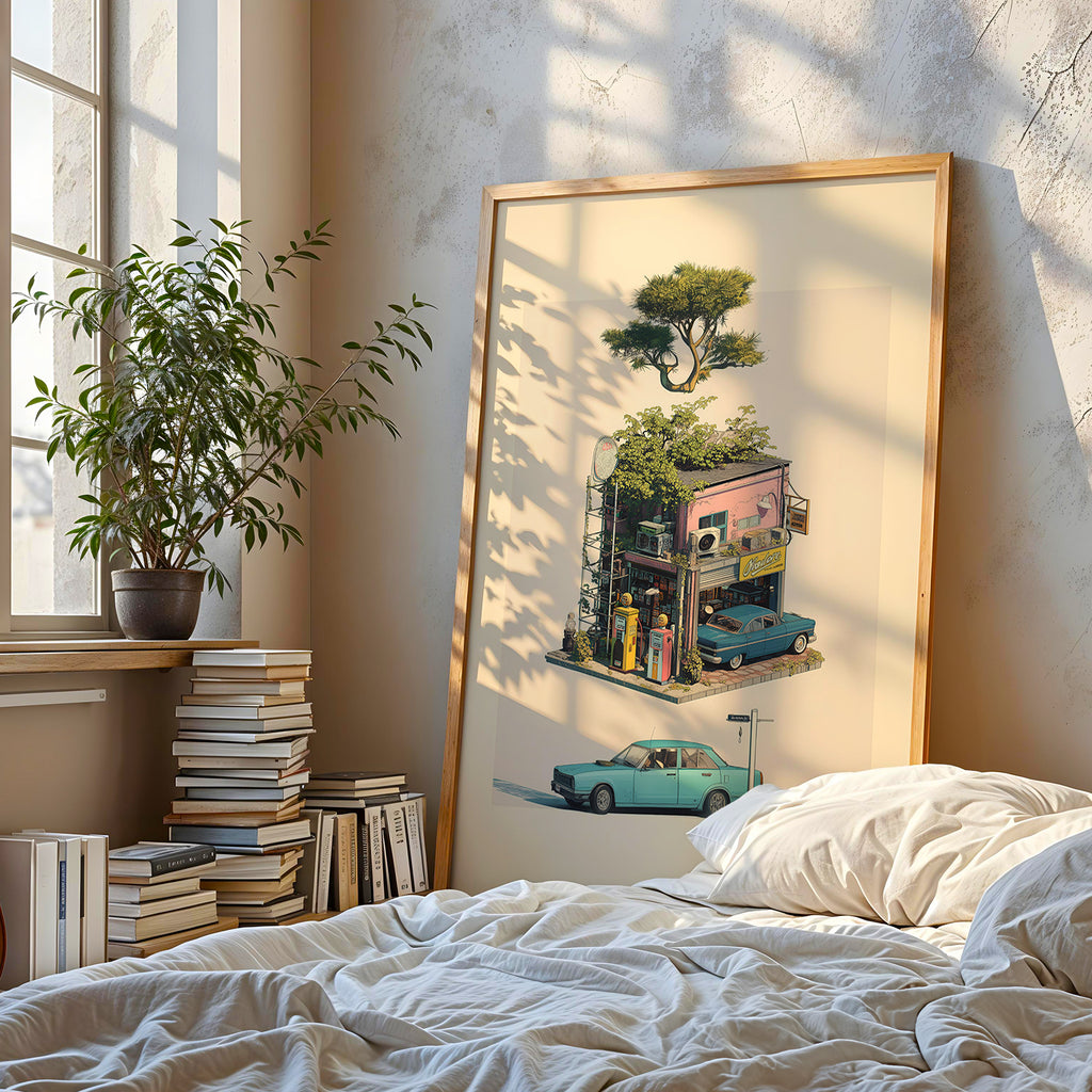 Retro Gas Station Print: Japanese Vintage Wall Art