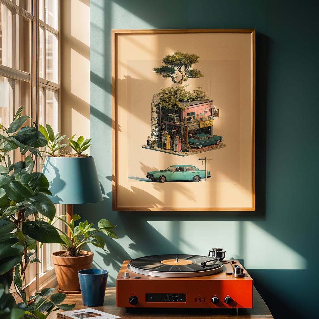 Retro Gas Station Print: Japanese Vintage Wall Art