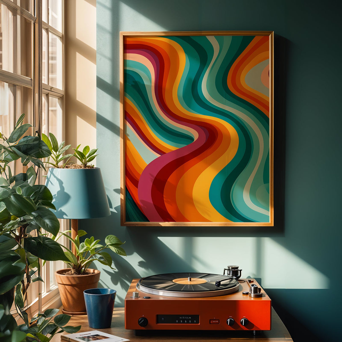 Groovy Retro Swirl Print — Digital Download styled on a console, digital download mockup