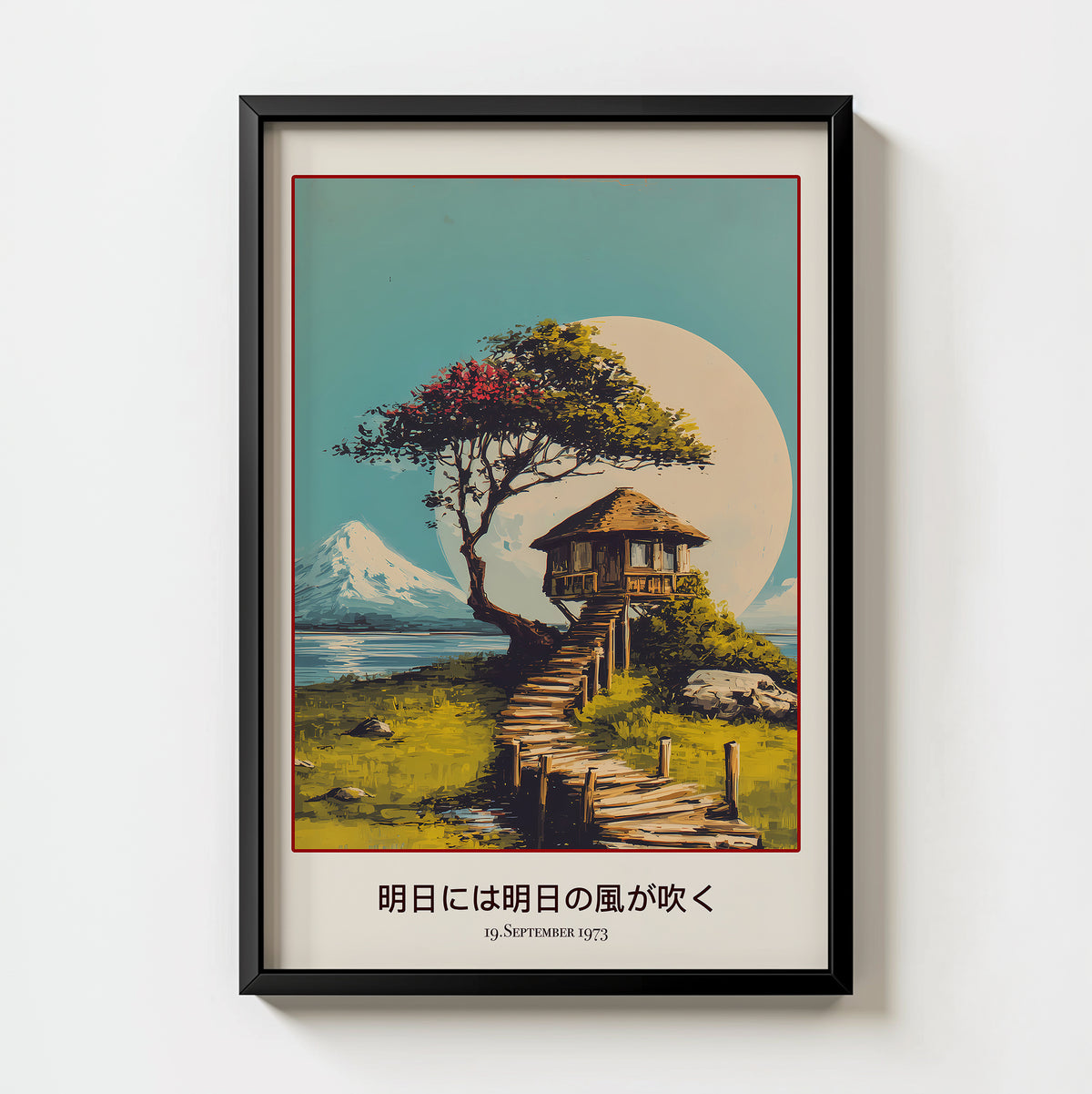 Mount Fuji Landscape Print art print, a cottage beneath Mount Fuji, vintage Japanese landscape art
