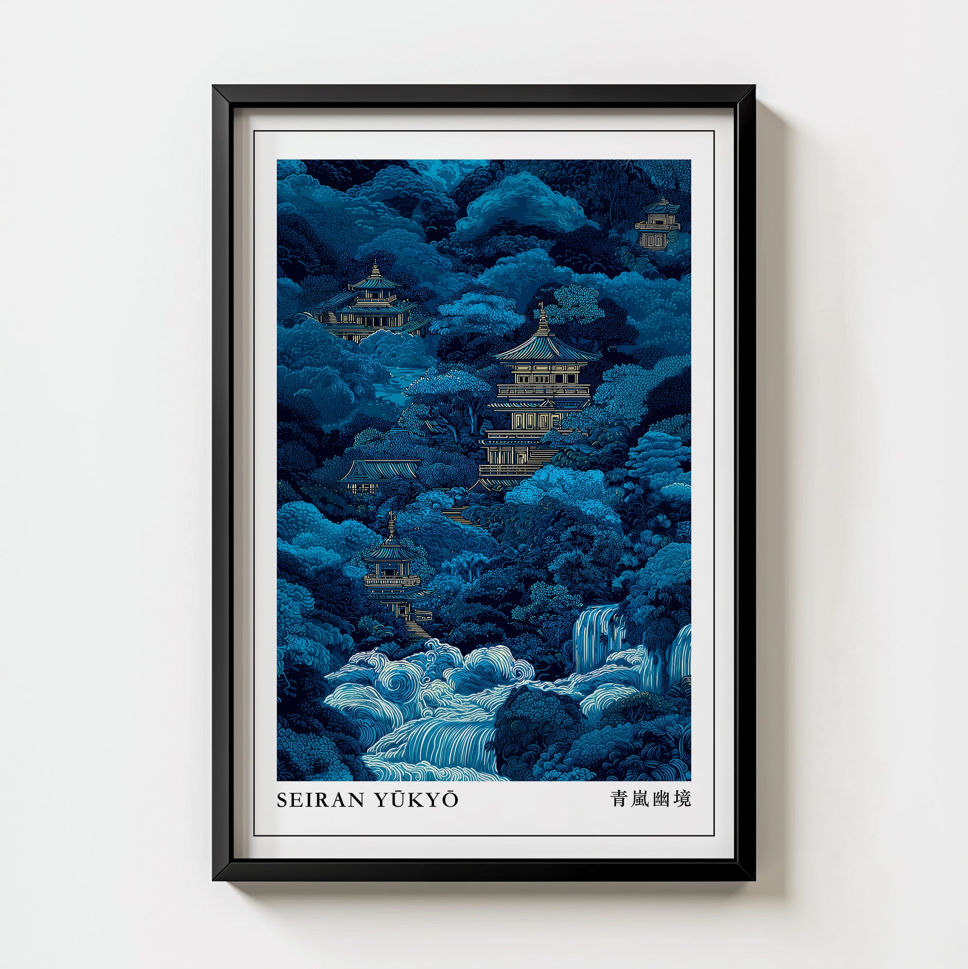 Japanese Temple Print art print, a temple in a still ukiyo-e landscape