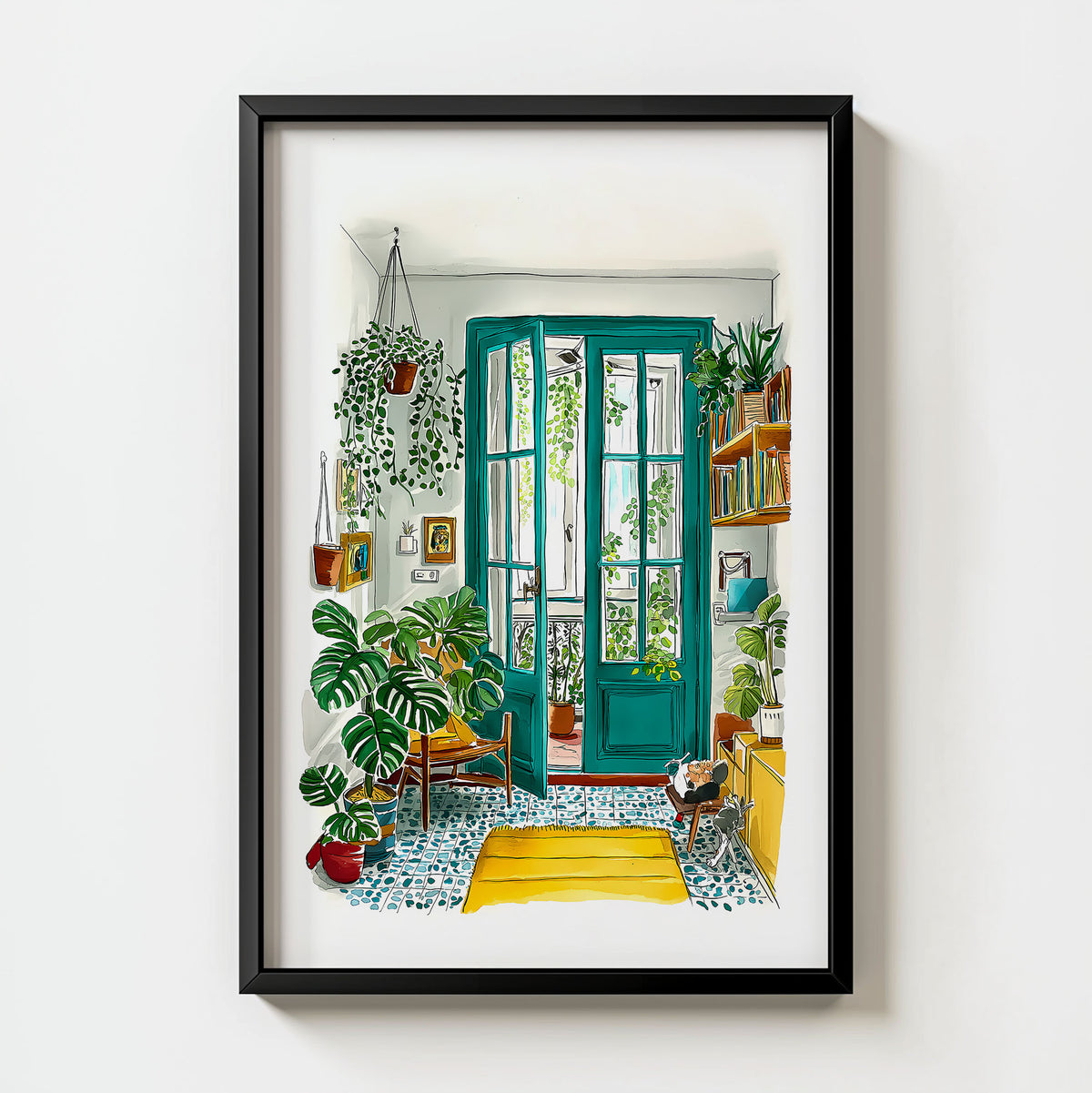 Cozy Greenhouse Print art print, a sunlit greenhouse interior with terracotta pots and greenery