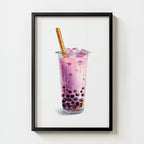 Boba Tea Print digital download, cup of purple boba tea in kawaii-style linework