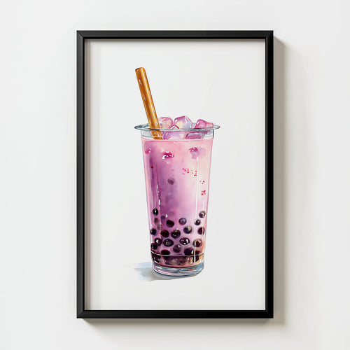 Boba Tea Print digital download, cup of purple boba tea in kawaii-style linework