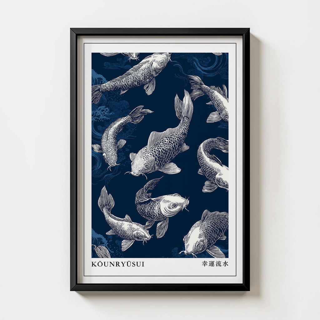 Japanese Koi Fish Print: Navy Indigo Zen Wall Art
