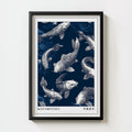 Japanese koi fish print in navy indigo, framed wall art
