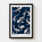 Japanese koi fish print in navy indigo, framed wall art