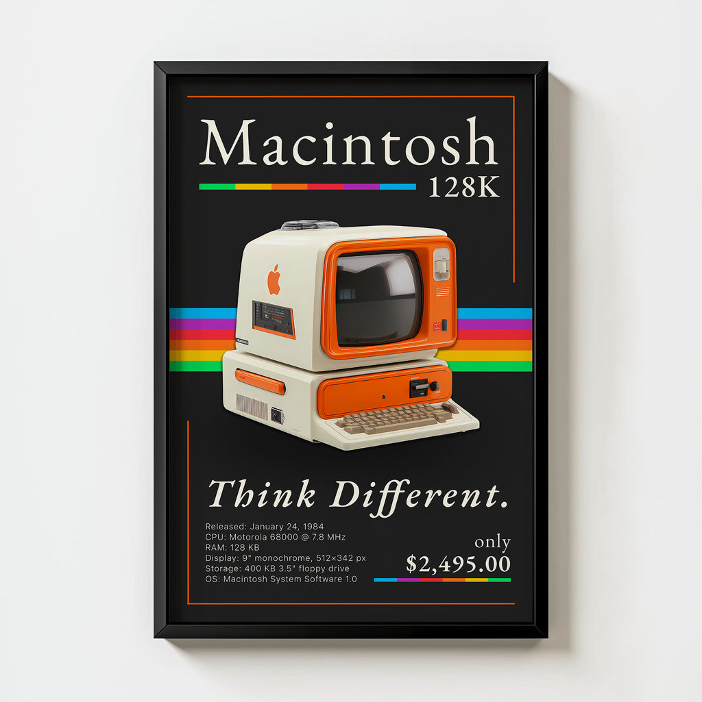 Retro Macintosh 128K vintage computer art print framed on an office wall