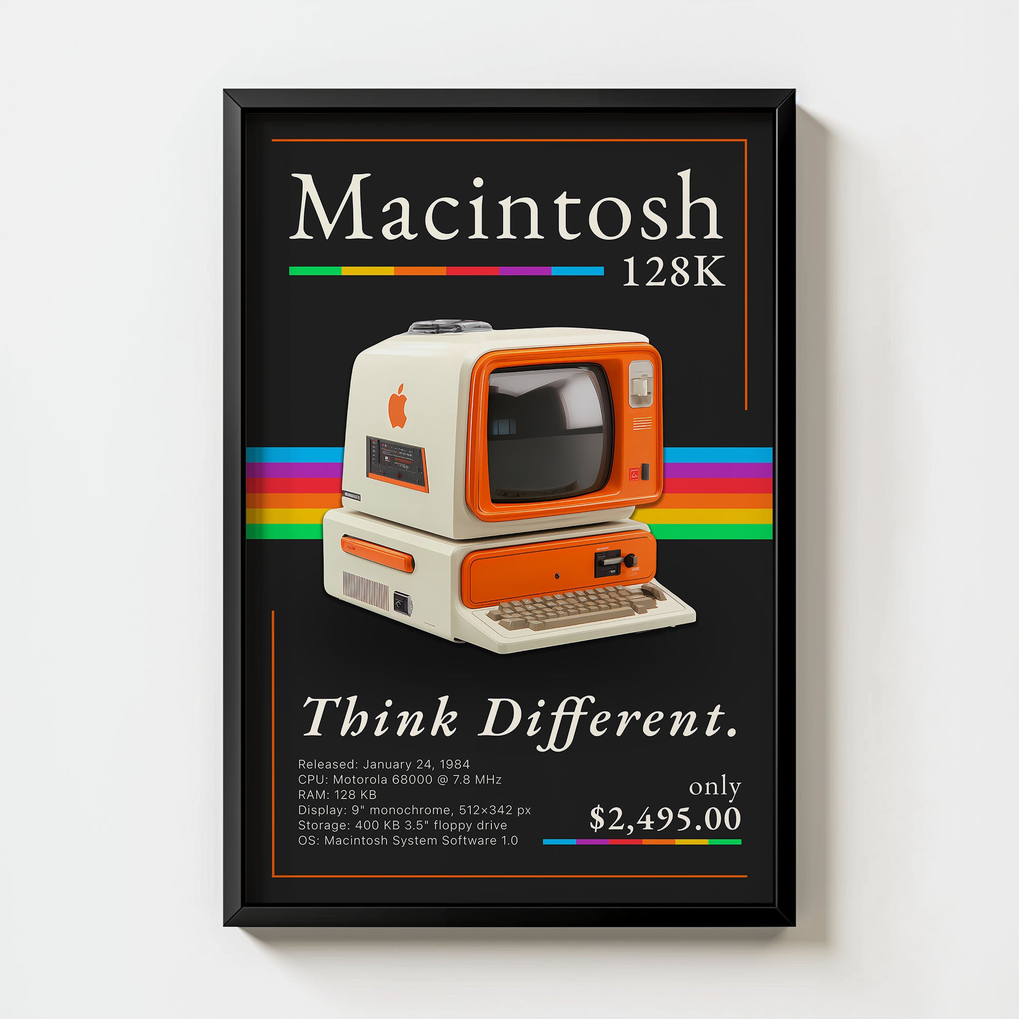 Retro Macintosh 128K vintage computer art print framed on an office wall