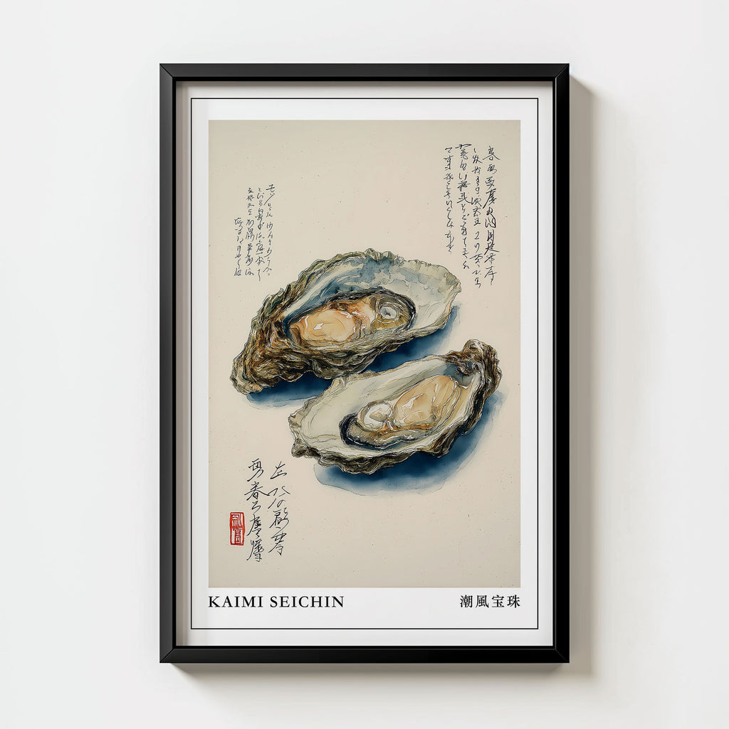 Japanese Oyster Print: Coastal Kitchen Japandi Wall Art