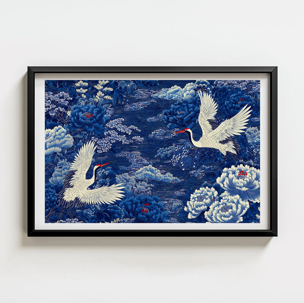 Blue Crane Print digital download, blue crane among peony blossoms, traditional Japanese painting style