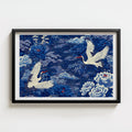 Blue Crane Print digital download, blue crane among peony blossoms, traditional Japanese painting style