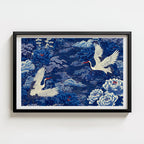 Blue Crane Print digital download, blue crane among peony blossoms, traditional Japanese painting style