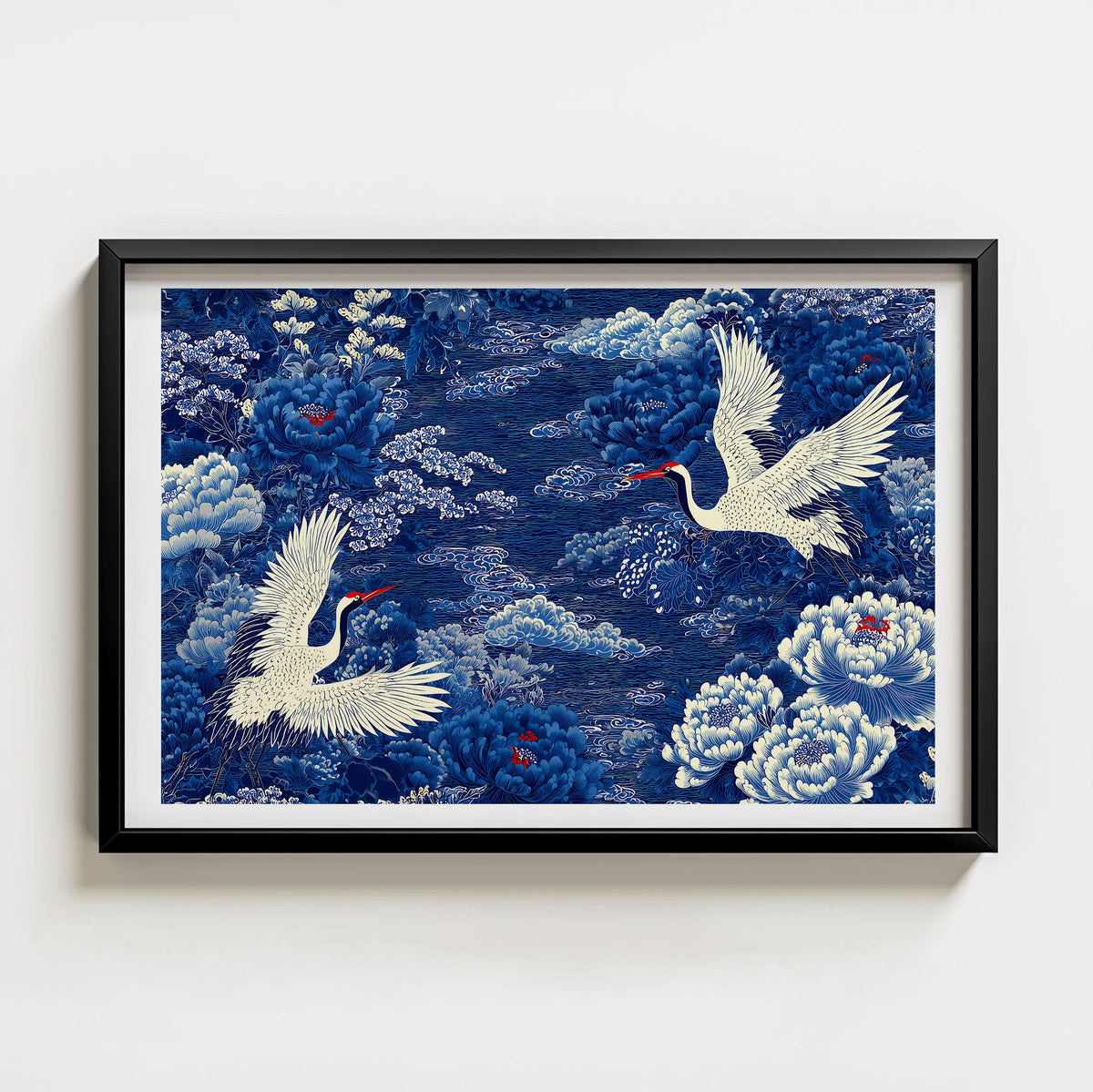 Blue Crane Print digital download, blue crane among peony blossoms, traditional Japanese painting style