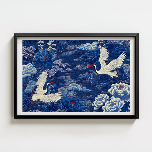 Blue Crane Print digital download, blue crane among peony blossoms, traditional Japanese painting style