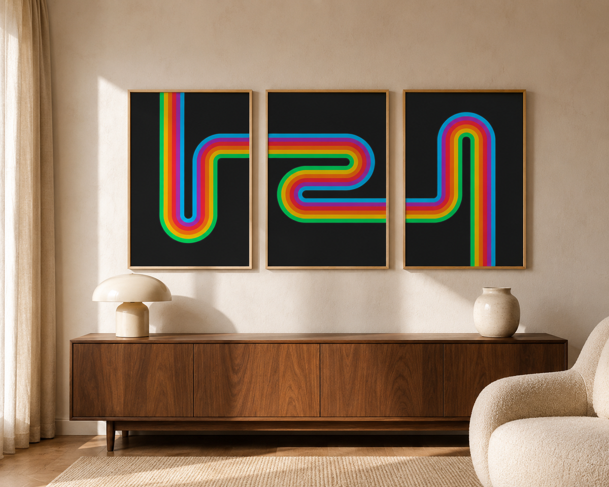 Left, Middle, and Right panels of the Retro Rainbow triptych displayed together